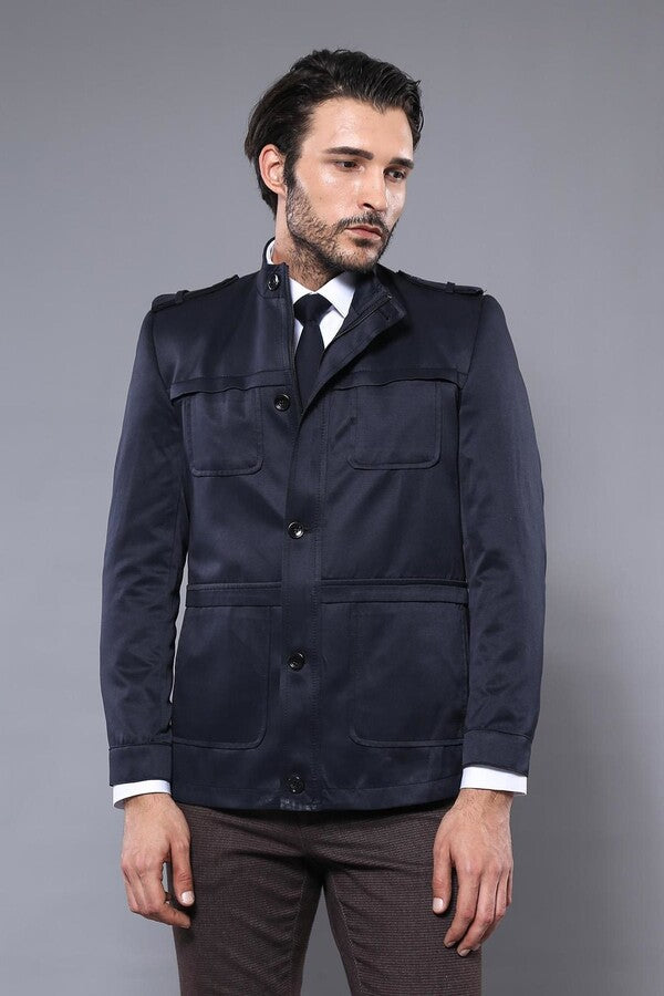 Plain Navy Blue Men Short Coat - Wessi