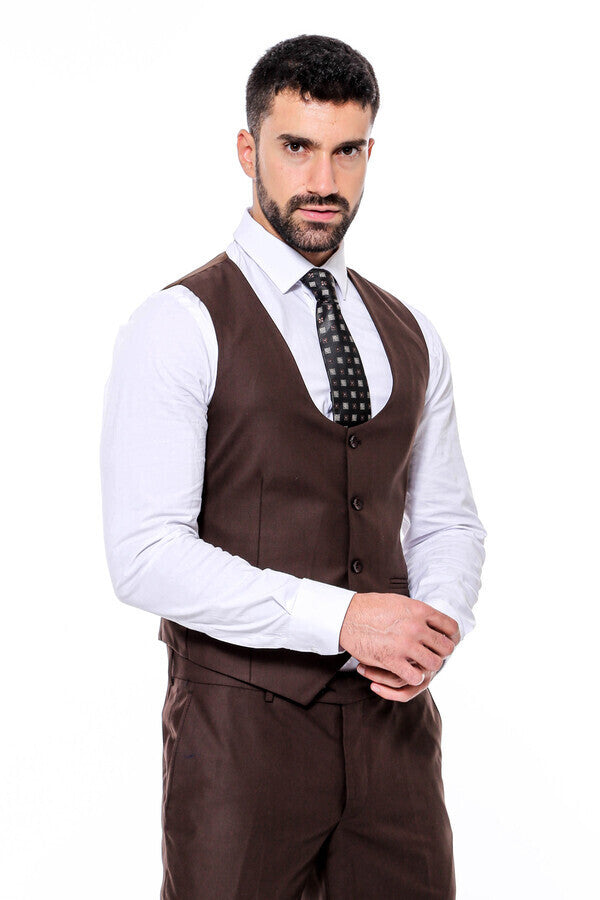 Plain Slim Fit Brown Men Suit - Wessi