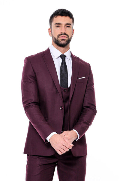 Plain Slim Fit Burgundy Men Suit - Wessi