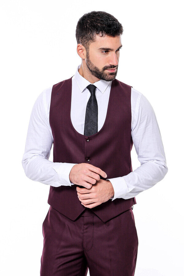 Plain Slim Fit Burgundy Men Suit - Wessi