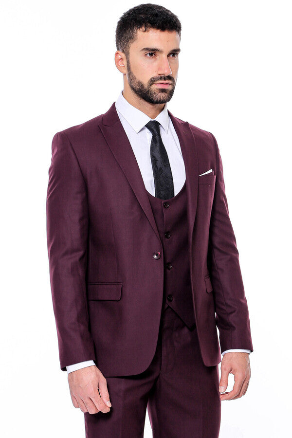 Plain Slim Fit Burgundy Men Suit - Wessi