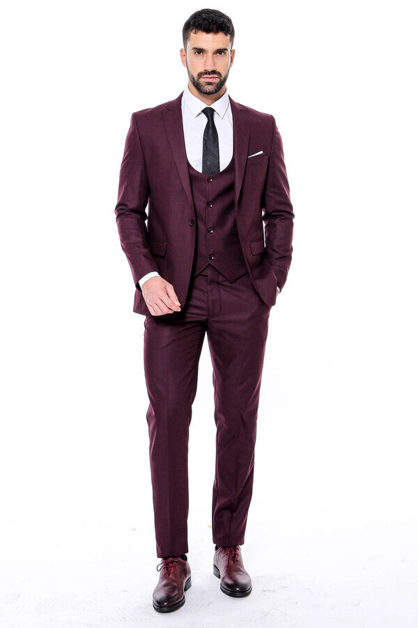 Plain Slim Fit Burgundy Men Suit - Wessi