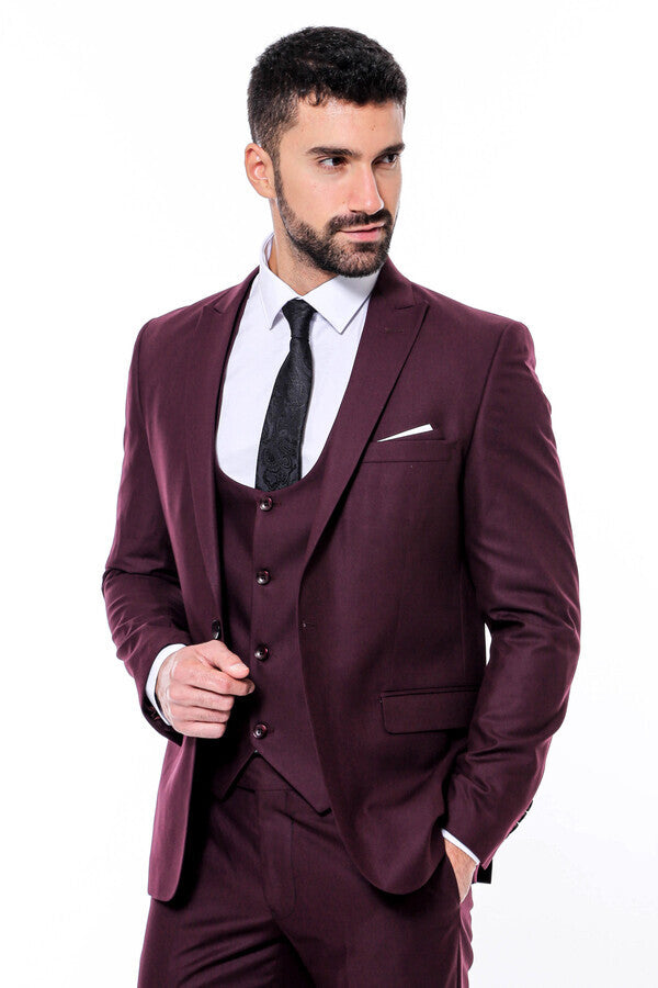 Plain Slim Fit Burgundy Men Suit - Wessi