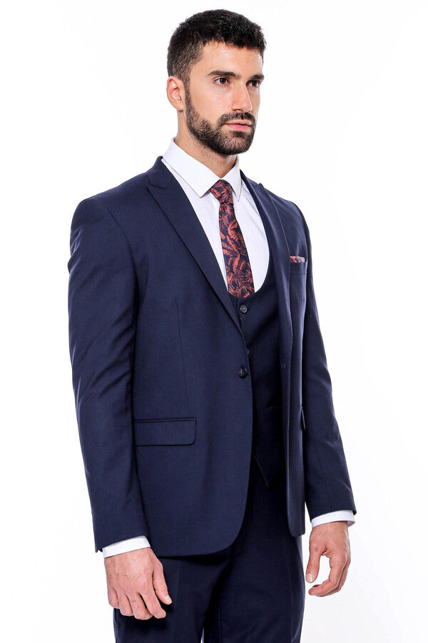 Plain Slim Fit Navy Blue Men Suit - Wessi