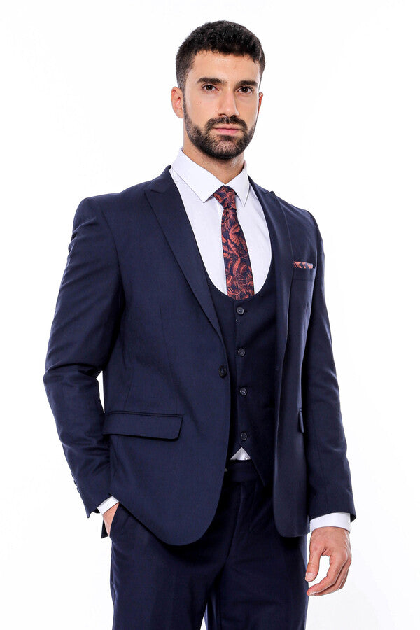 Plain Slim Fit Navy Blue Men Suit - Wessi