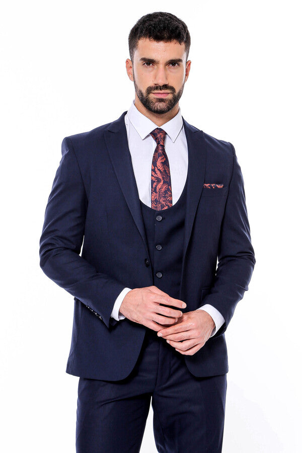 Plain Slim Fit Navy Blue Men Suit - Wessi