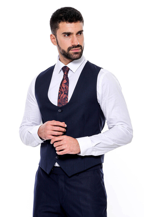 Plain Slim Fit Navy Blue Men Suit - Wessi