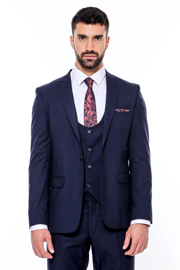 Plain Slim Fit Navy Blue Men Suit - Wessi