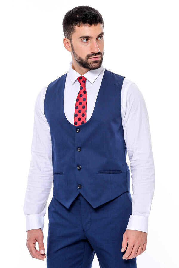 Plain Slim Fit Navy Blue Men Suit - Wessi