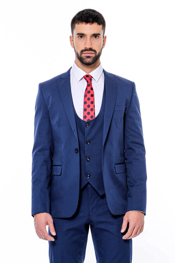 Plain Slim Fit Navy Blue Men Suit - Wessi