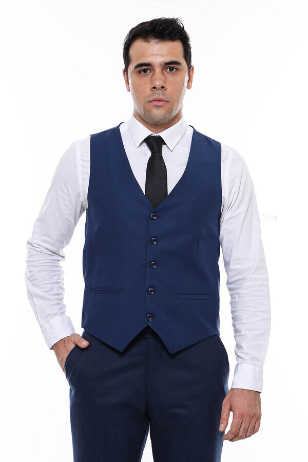 Plain Slim Fit Navy Blue Men Vest - Wessi