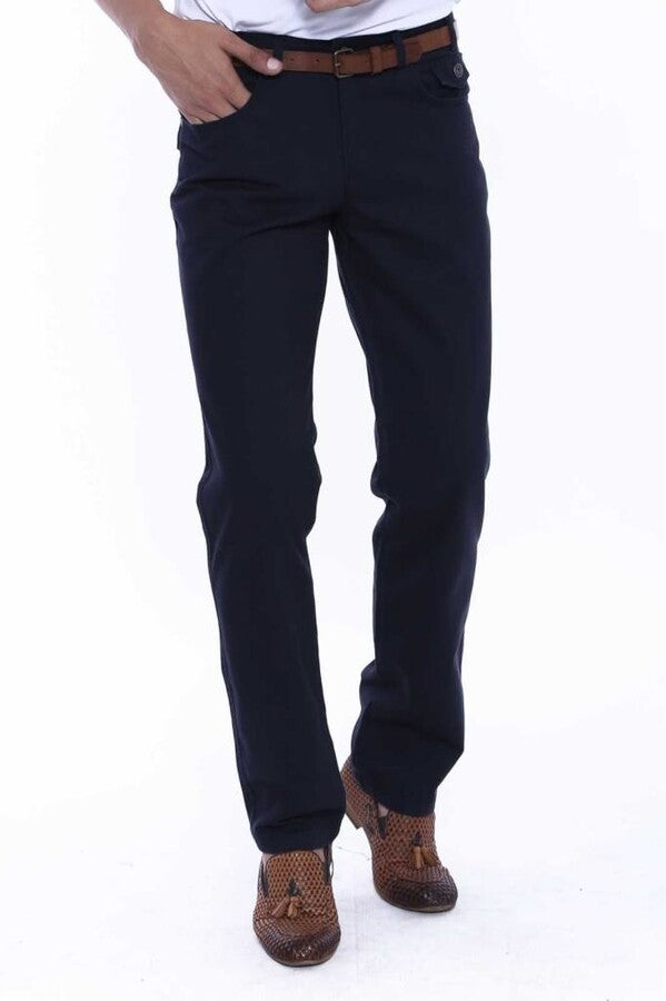 Plain Suede Flap Pockets Cotton Navy Blue Men Pants - Wessi