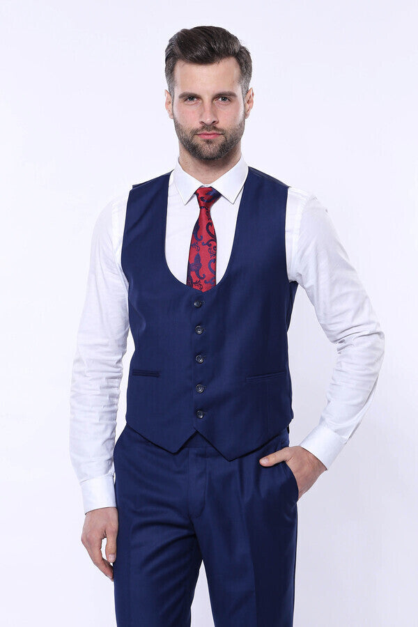 Plain Vested Navy Blue Men's Suit | Wessi