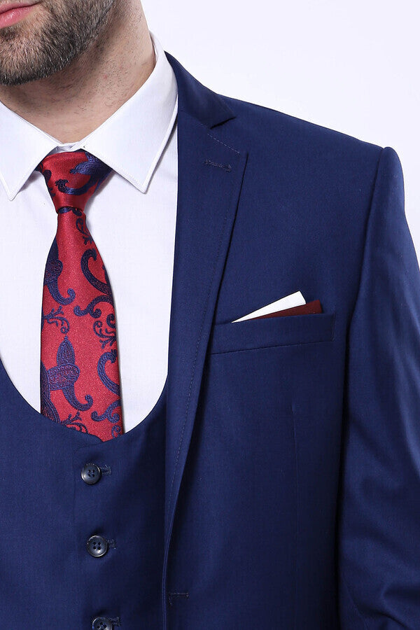 Plain Vested Navy Blue Men's Suit | Wessi