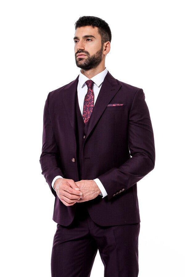 Plain Wide Lapel Burgundy Men Suit - Wessi