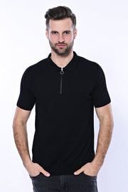 Polo Neck Plain Black Knitted T-Shirt - Wessi