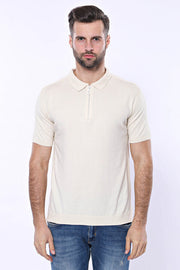 Polo Neck Plain Cream Knitted T-Shirt - Wessi