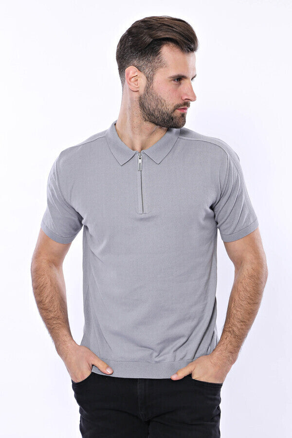 Polo Neck Plain Grey Knitted T-Shirt - Wessi