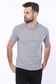 Polo Neck Plain Grey Knitted T-Shirt - Wessi