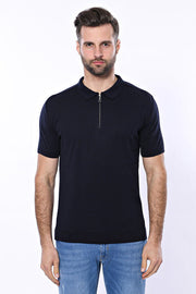 Polo Neck Plain Navy Knitted Blue Men T-Shirt - Wessi