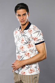 Polo Neck Floral Patterned Men Cream T-Shirt - Wessi