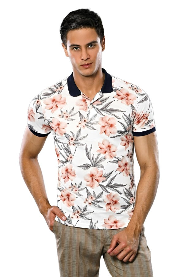 Polo Neck Floral Patterned Men Cream T-Shirt - Wessi