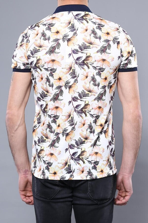 Polo Neck Floral Pattern Orange T-Shirt - Wessi