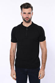 Polo Zippered Patterned Black Knitted T-Shirt - Wessi