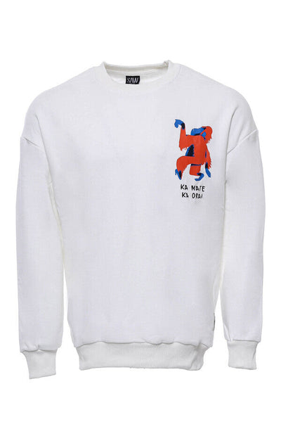 Printed White Circle Neck Men's Sweatshirt - Wessi