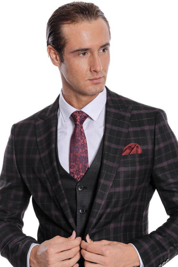 Purple Vested Slim Fit Checked Black Men Suit - Wessi