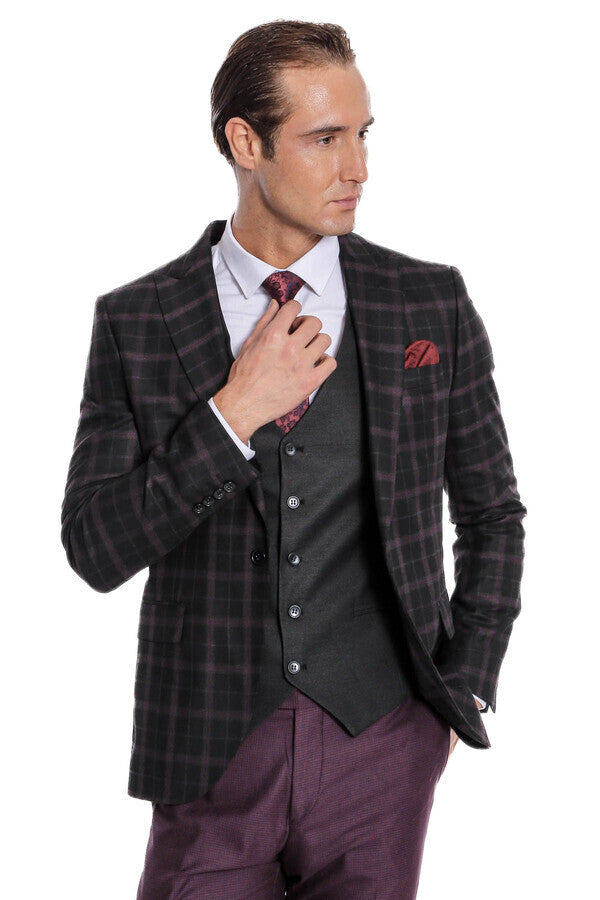 Purple Vested Slim Fit Checked Black Men Suit - Wessi