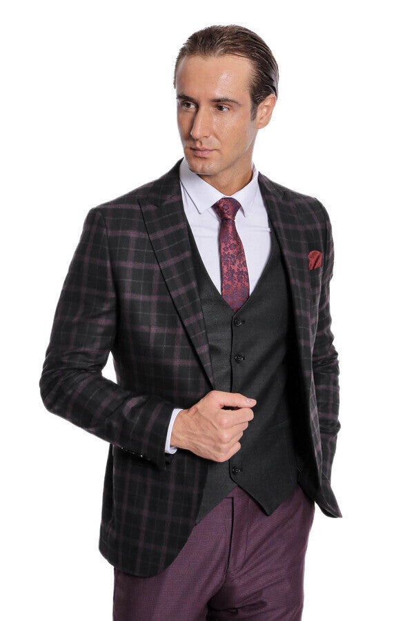 Purple Vested Slim Fit Checked Black Men Suit - Wessi