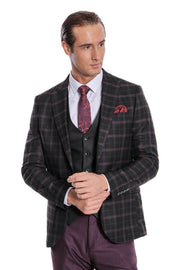 Purple Vested Slim Fit Checked Black Men Suit - Wessi