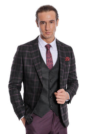 Purple Vested Slim Fit Checked Black Men Suit - Wessi