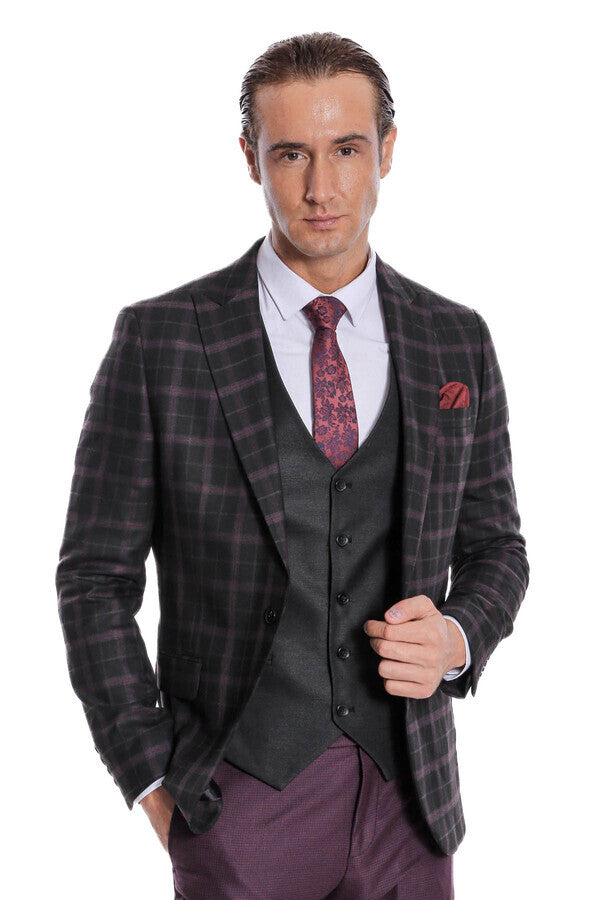 Purple Vested Slim Fit Checked Black Men Suit - Wessi