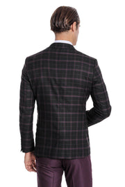 Purple Vested Slim Fit Checked Black Men Suit - Wessi