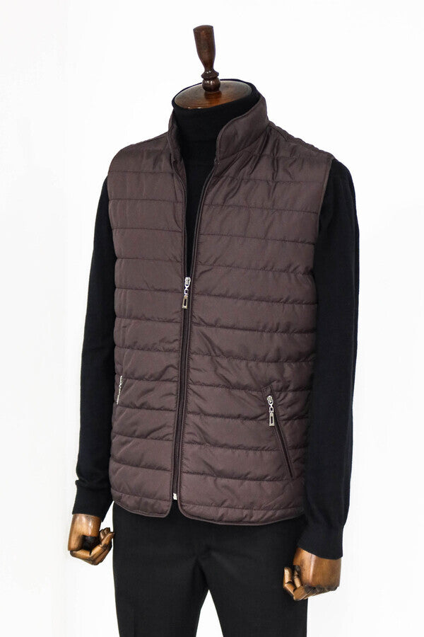 Quilted Sleeveless Brown Men Down Vest - Wessi