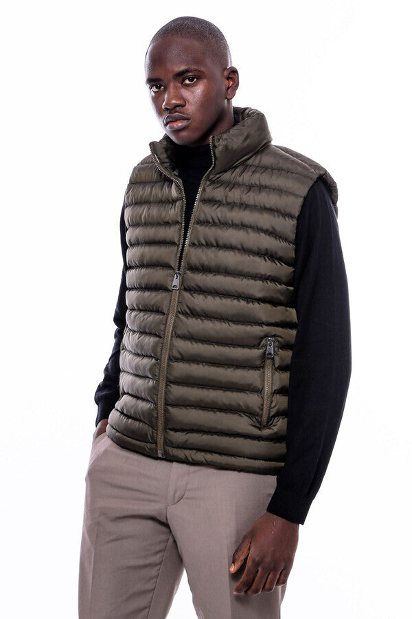 Quilted Zippered Khaki Men Down Vest - Wessi