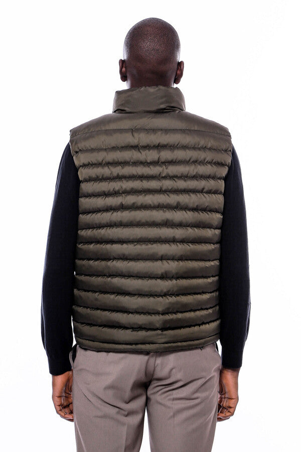 Quilted Zippered Khaki Men Down Vest - Wessi