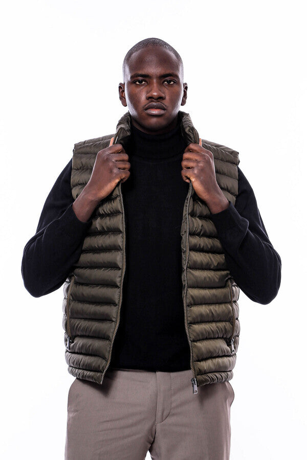 Quilted Zippered Khaki Men Down Vest - Wessi