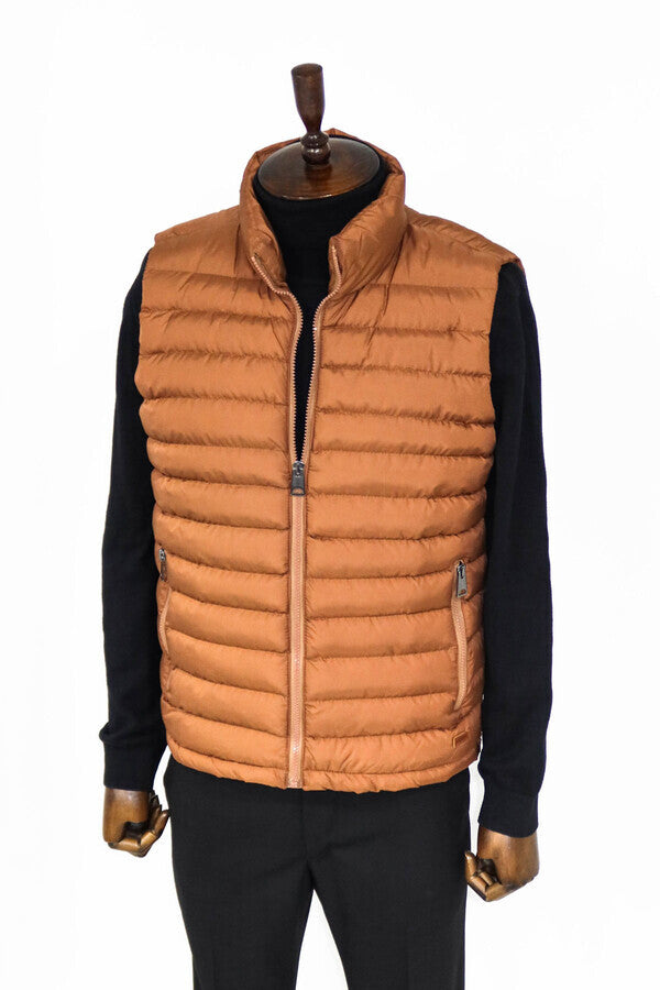 Quilted Zippered Light Brown Men Down Vest - Wessi