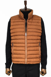 Quilted Zippered Light Brown Men Down Vest - Wessi