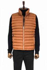 Quilted Zippered Light Brown Men Down Vest - Wessi