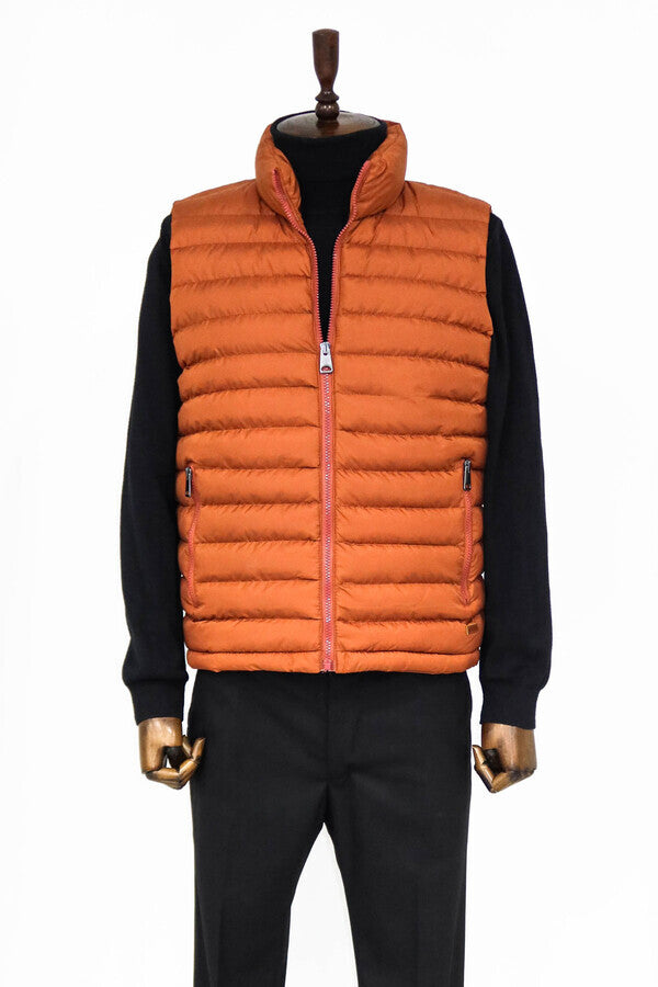 Quilted Zippered Orange Men Down Vest - Wessi