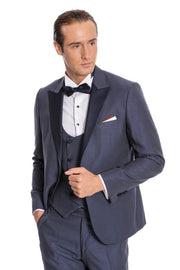 Removable Lapel Vested Navy Blue Tuxedo - Wessi