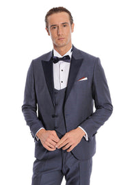 Removable Lapel Vested Navy Blue Tuxedo - Wessi