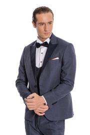 Removable Lapel Vested Navy Blue Tuxedo - Wessi