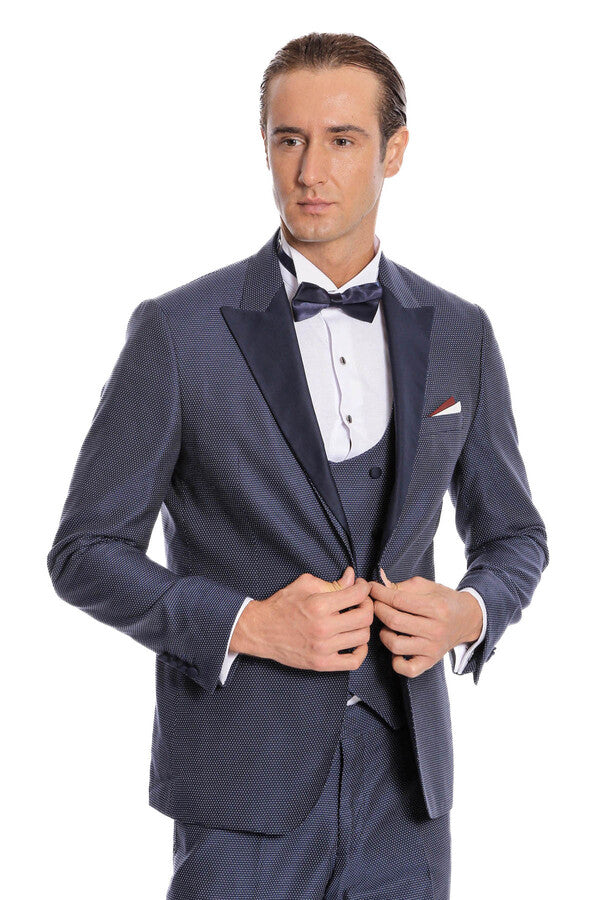 Removable Lapel Vested Navy Blue Tuxedo - Wessi