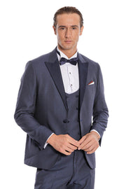 Removable Lapel Vested Navy Blue Tuxedo - Wessi