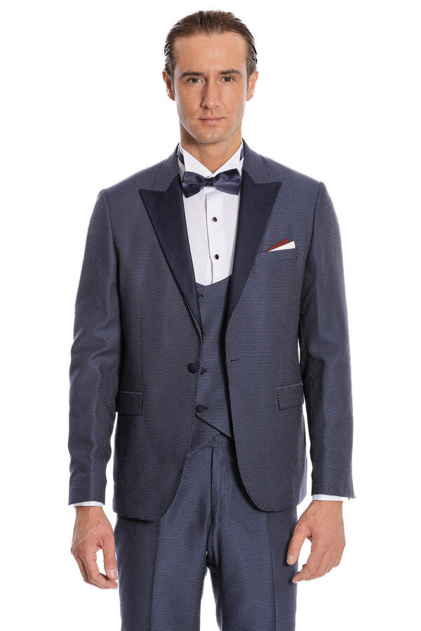 Removable Lapel Vested Navy Blue Tuxedo - Wessi